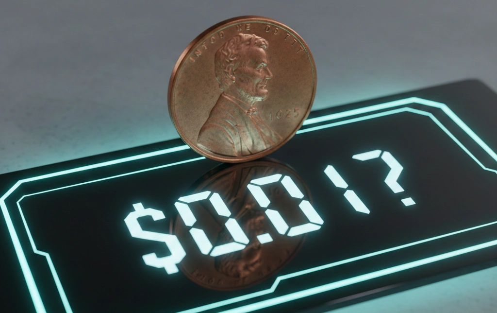 A close-up of a 2025 penny placed on a digital price tag reading “$0.01?”
