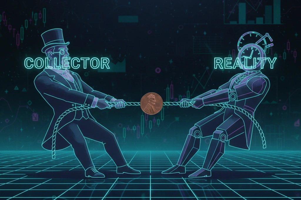 A tug-of-war between “Collector” and “Reality” with a 2025 penny in the middle