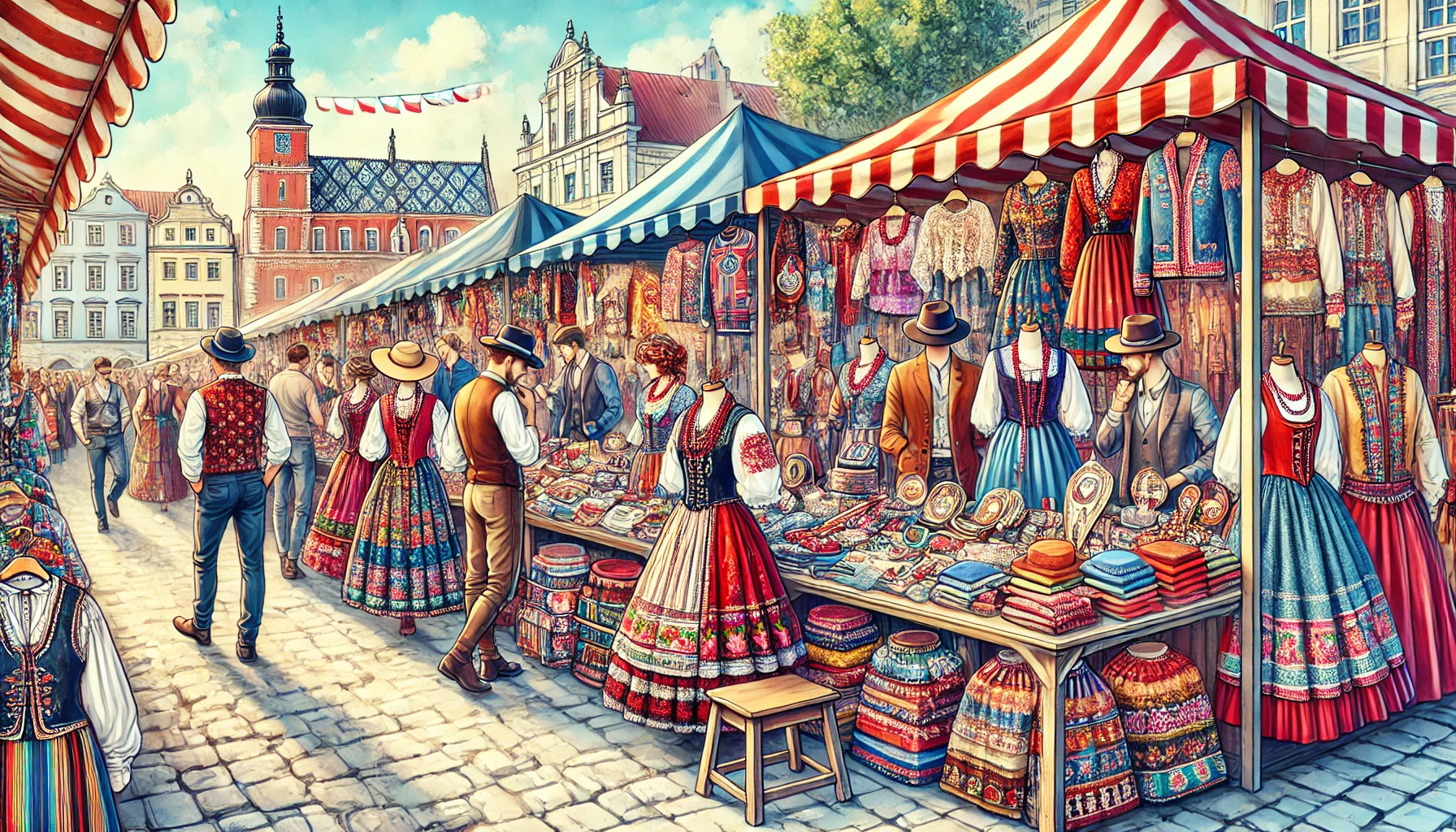 A lively Polish market with colorful stalls selling fashionable clothes and accessories.