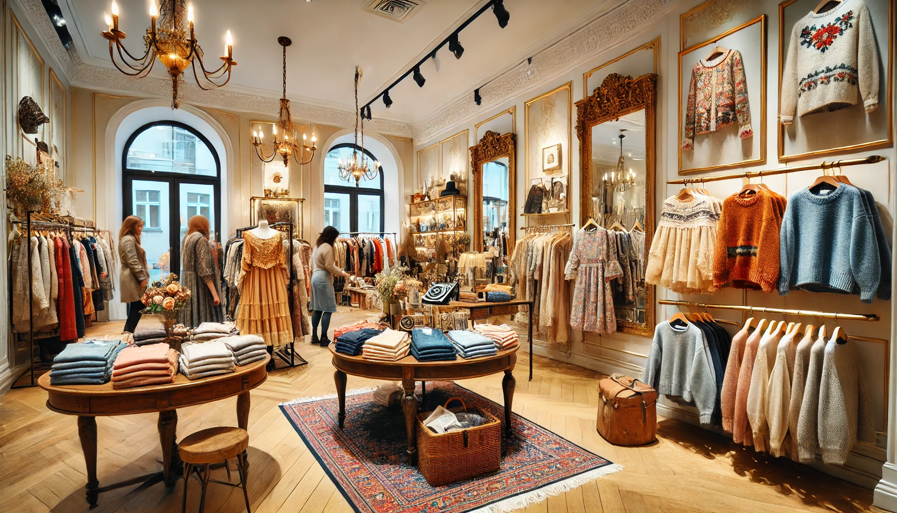 A cozy boutique interior in Poland featuring a mix of traditional and modern fashion items.
