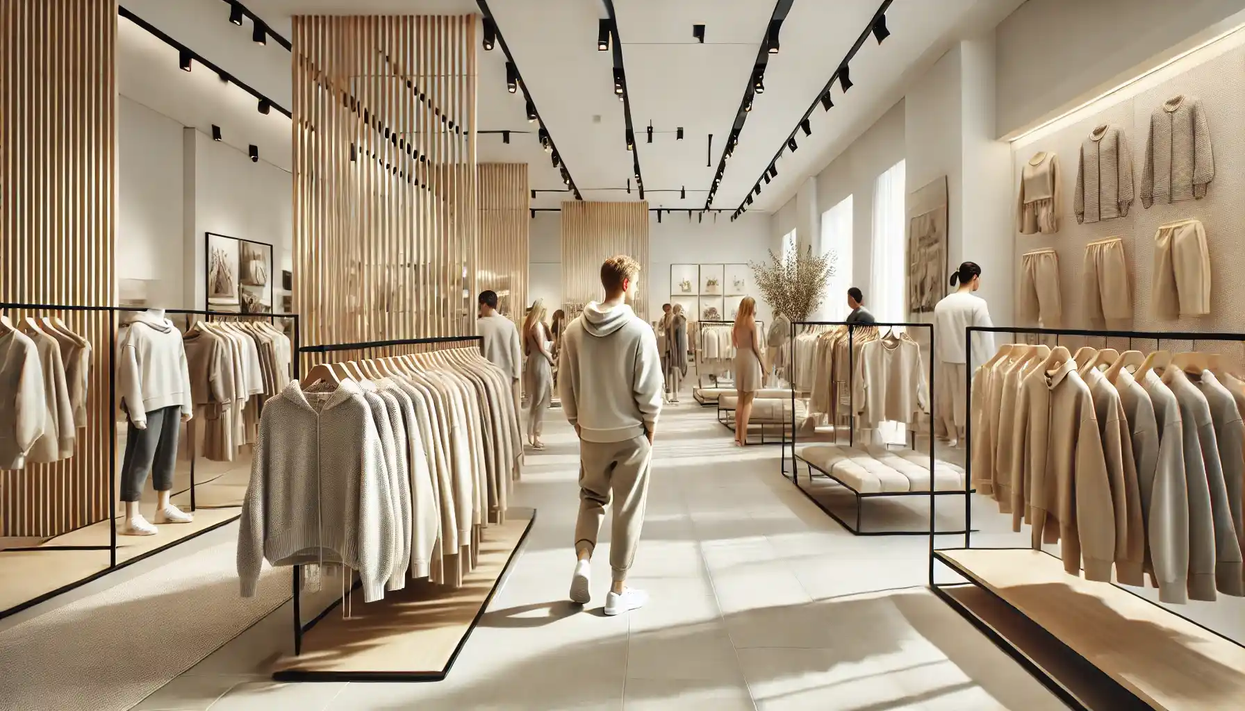 tętniący życiem butik z Polską modą ze stylowymi, nowoczesnymi stojakami na ubrania z tonalnymi wzorami w odcieniach beżu i kremu.
