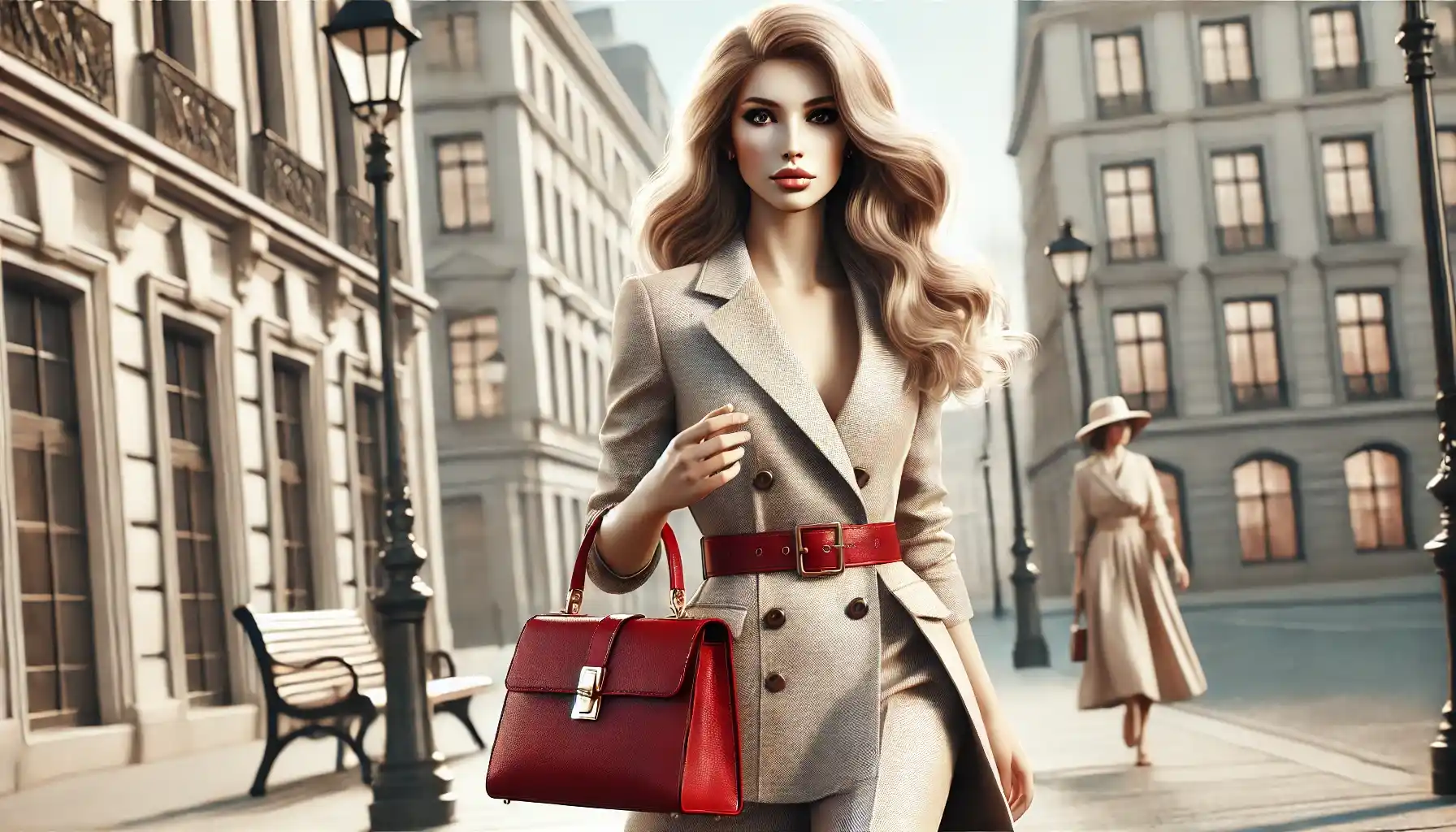 An elegant Polish woman is walking down a city street, dressed in a stylish neutral outfit with a bold red handbag as an accent.