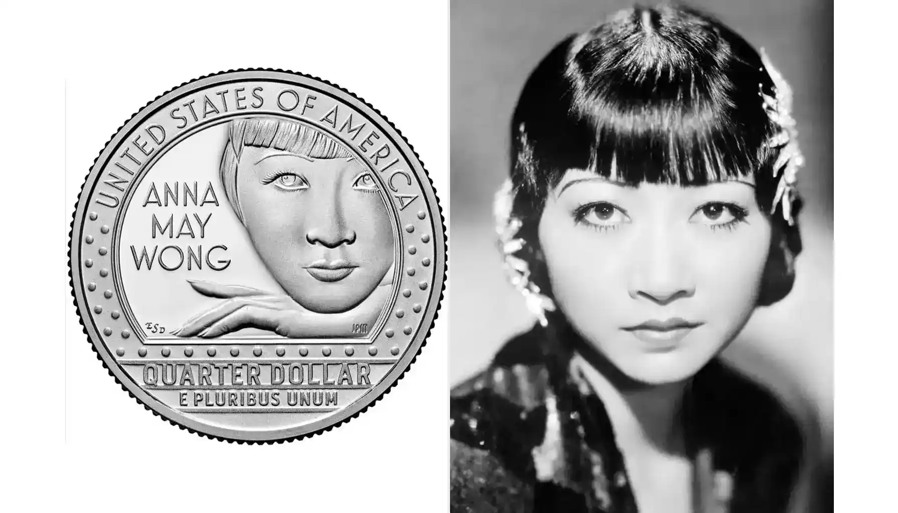 Anna May Wong next to a quarter with her portrait