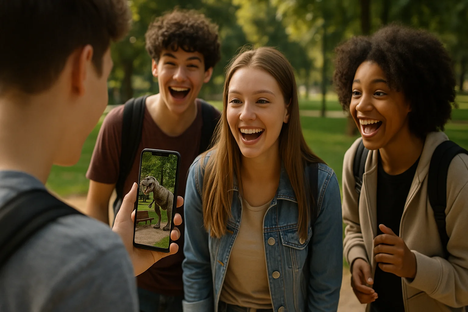 Teenagers in a park laugh as a dinosaur appears on their friend’s phone screen through an augmented reality GPS game.