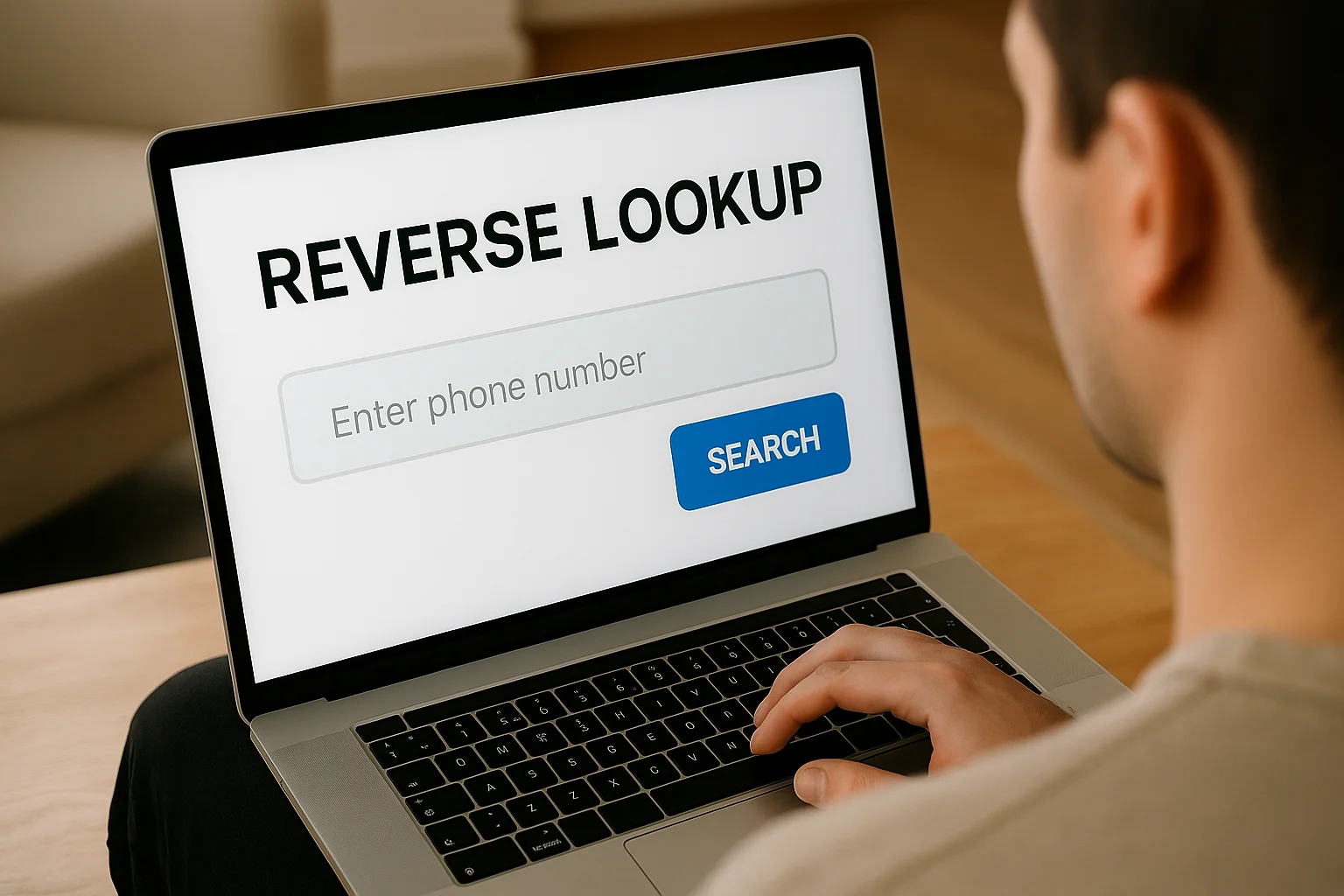 A person sits at a laptop with a reverse lookup website open, showing a search form for entering a phone number.