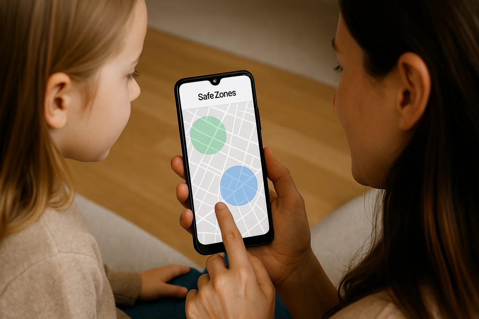 A parent and child look at a smartphone screen displaying a reliable tracking app’s interface with an interactive map showing safe zones.