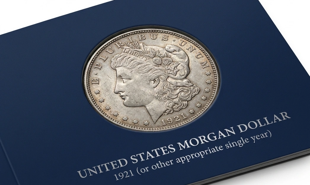 close-up of a Morgan Silver Dollar partially inserted into a high-quality coin collection album page